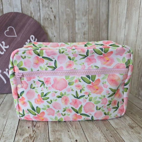Women's Floral Print Small Cosmetic Bag - White/Pink - Picture 1 of 6